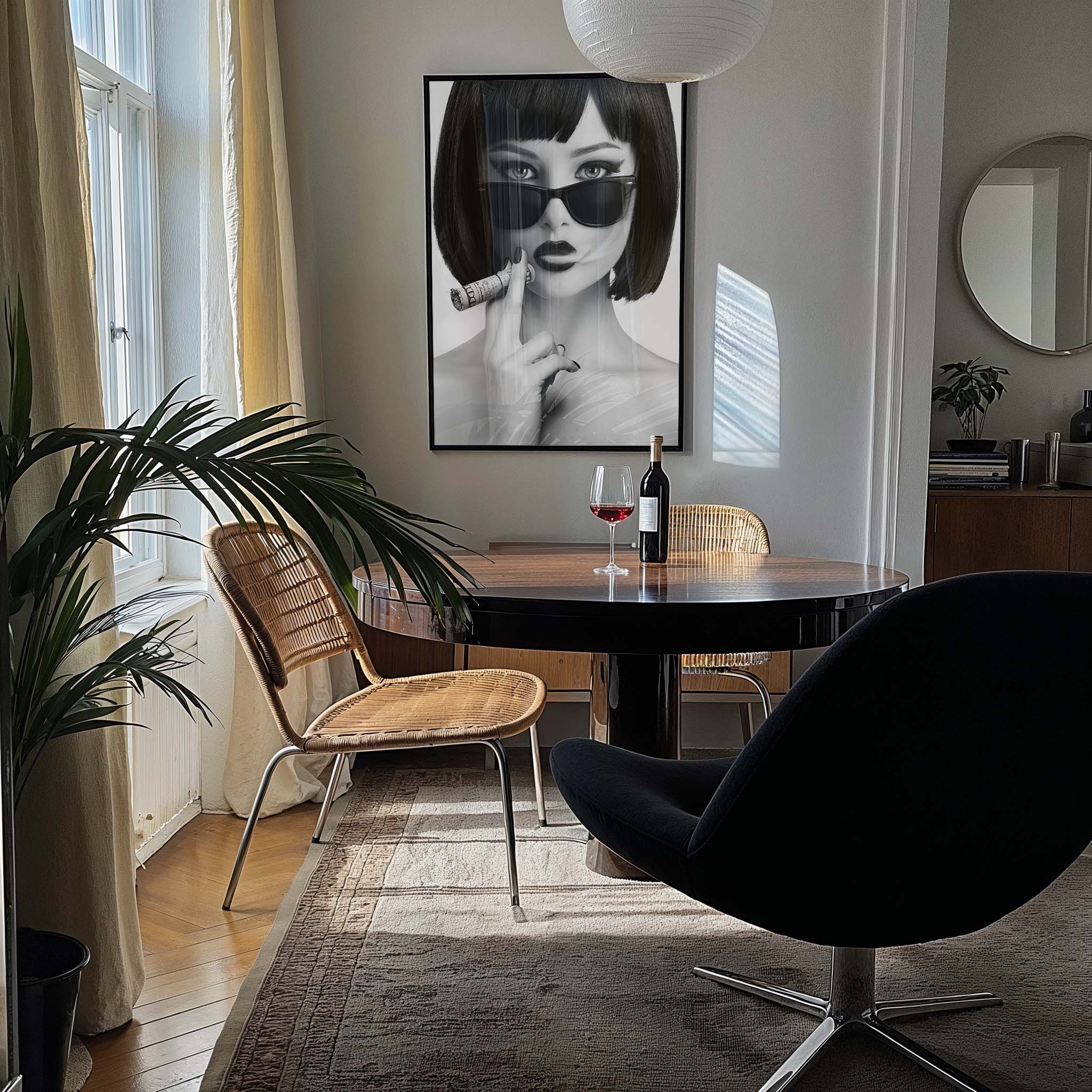 Dark shades, smoldering look, cigarette in hand. A portrait that’s sharp, cinematic, and effortlessly cool. This is rebellion captured in timeless black and white.
Artist: David Drake