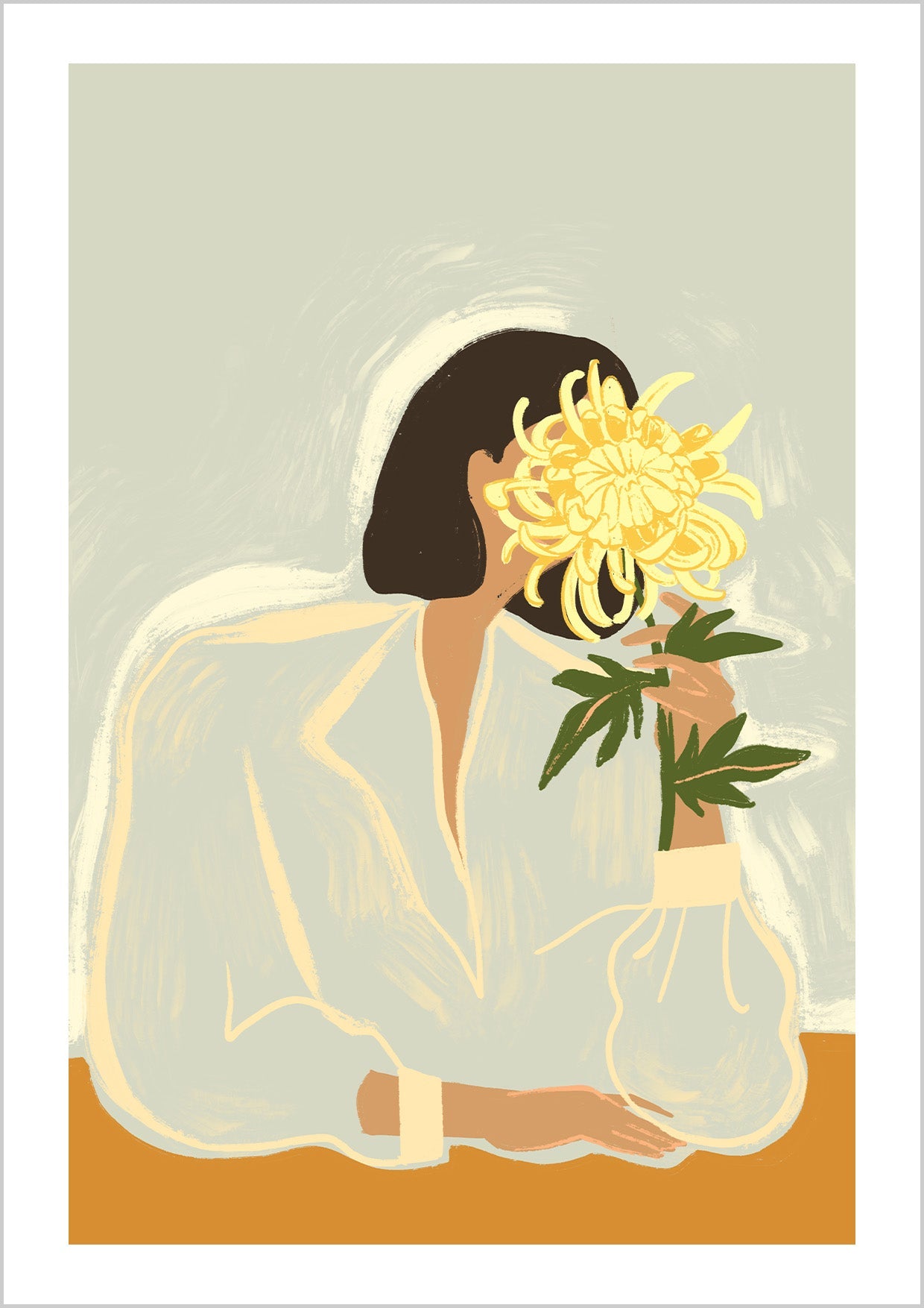 woman leans into a bloom of yellow chrysanthemum, her face half-hidden behind the petals. Soft lines and muted tones give it an easy elegance — part mystery, part beauty.  Artist: Arty Guava
