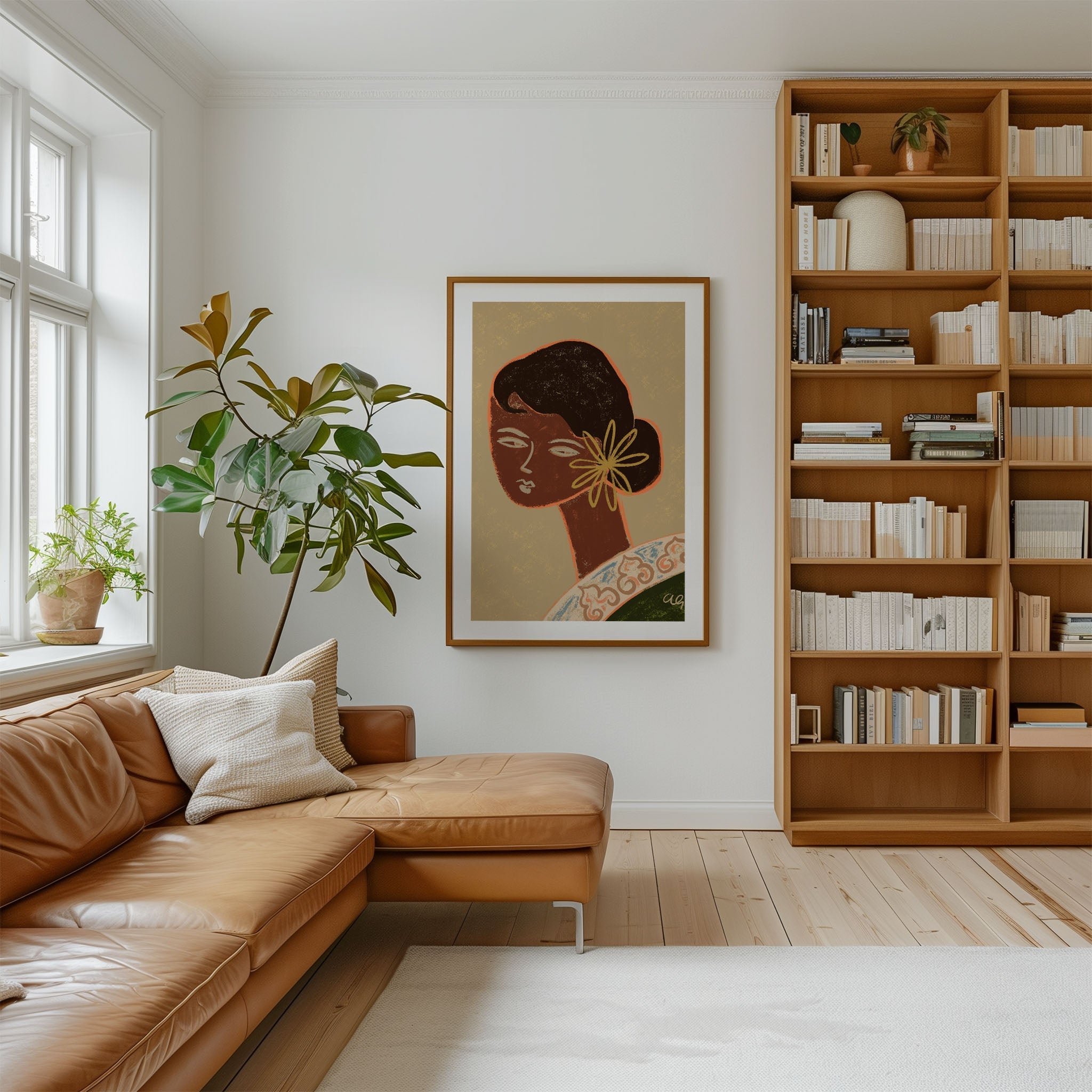 The Green Lady – elegant portrait in warm earth tones, timeless and calm. Large poster, canvas & frames. Local production & fast shipping.