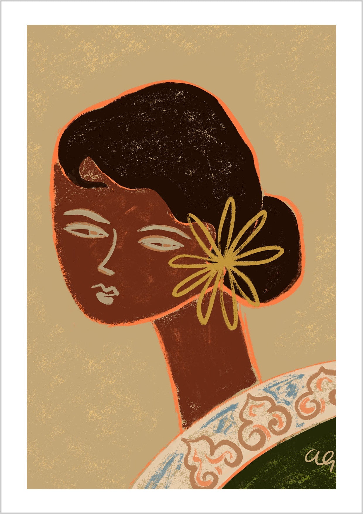 The Green Lady – elegant portrait in warm earth tones, timeless and calm. Large poster, canvas & frames. Local production & fast shipping.