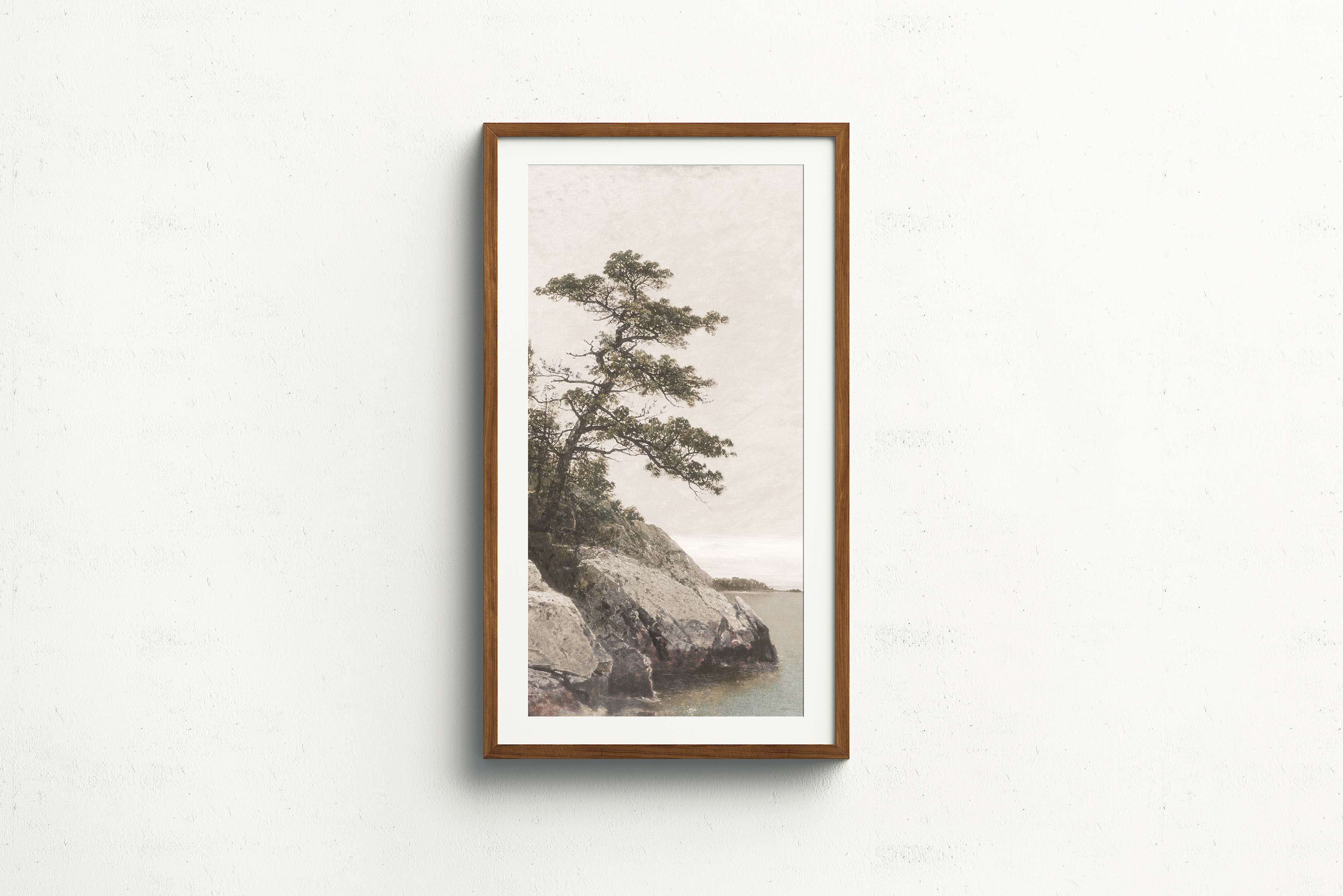 An 1872 painting presented as a giclee print, The Old Pine is a dramatic scene of a stately tree leaning over the rocky edge of a shore.