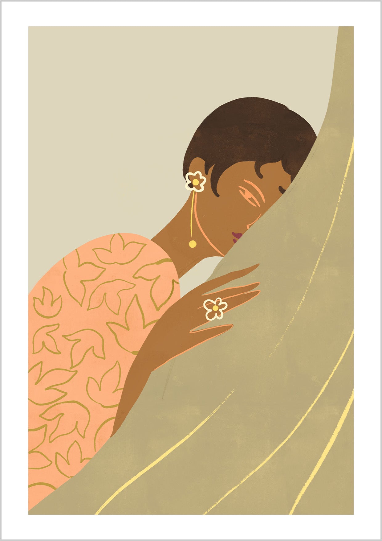 A calm, modern illustration by Arty Guava. A woman rests against a soft green background, quiet and thoughtful. Simple lines, gentle colour, and an understated mood make it a piece that speaks without shouting.&nbsp;