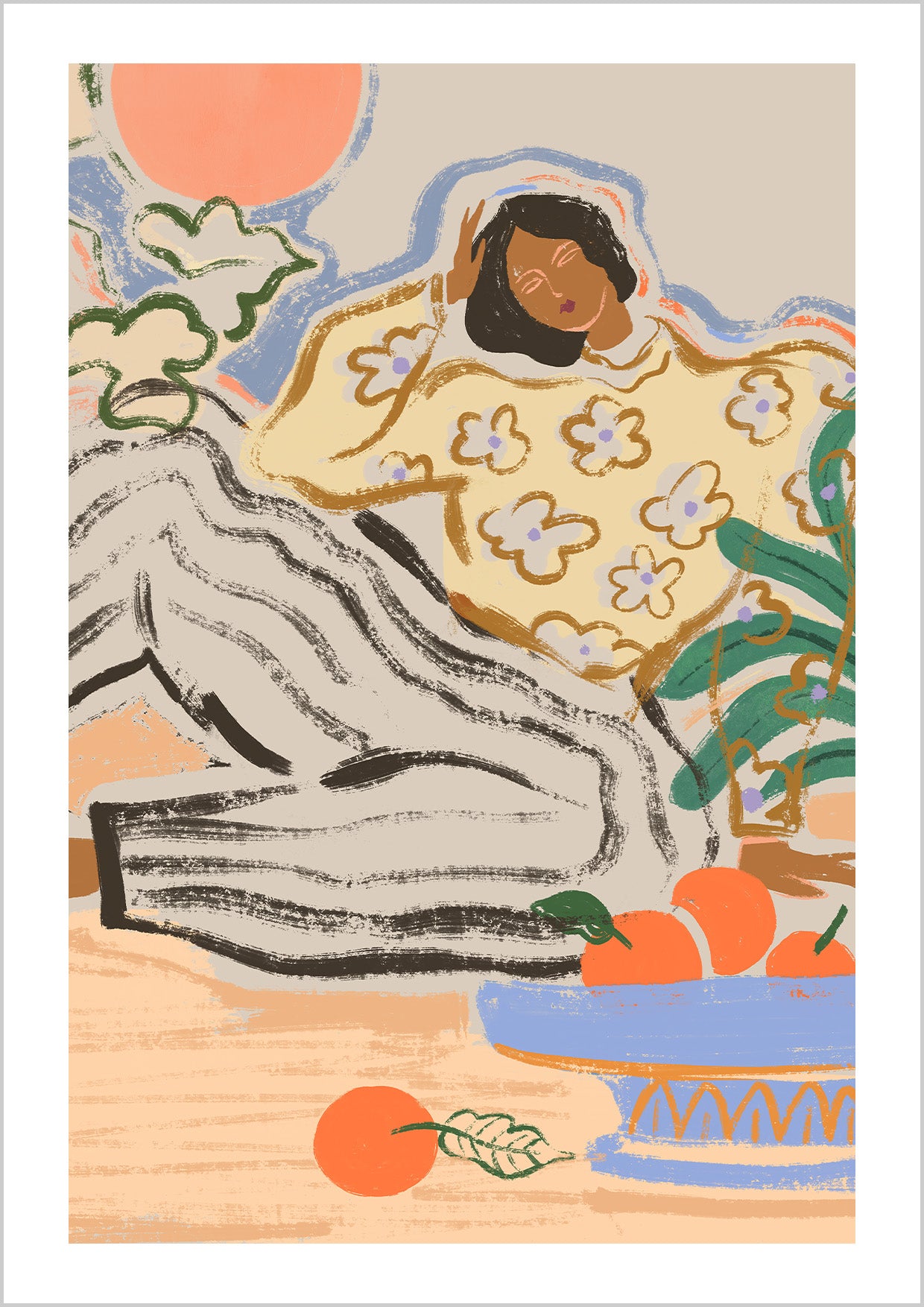A serene illustration by Arty Guava. A woman in patterned clothing sits among scattered fruit and leafy greens, her posture calm, her surroundings quiet. Gentle colours and soft lines give the piece an easy, timeless feel.
