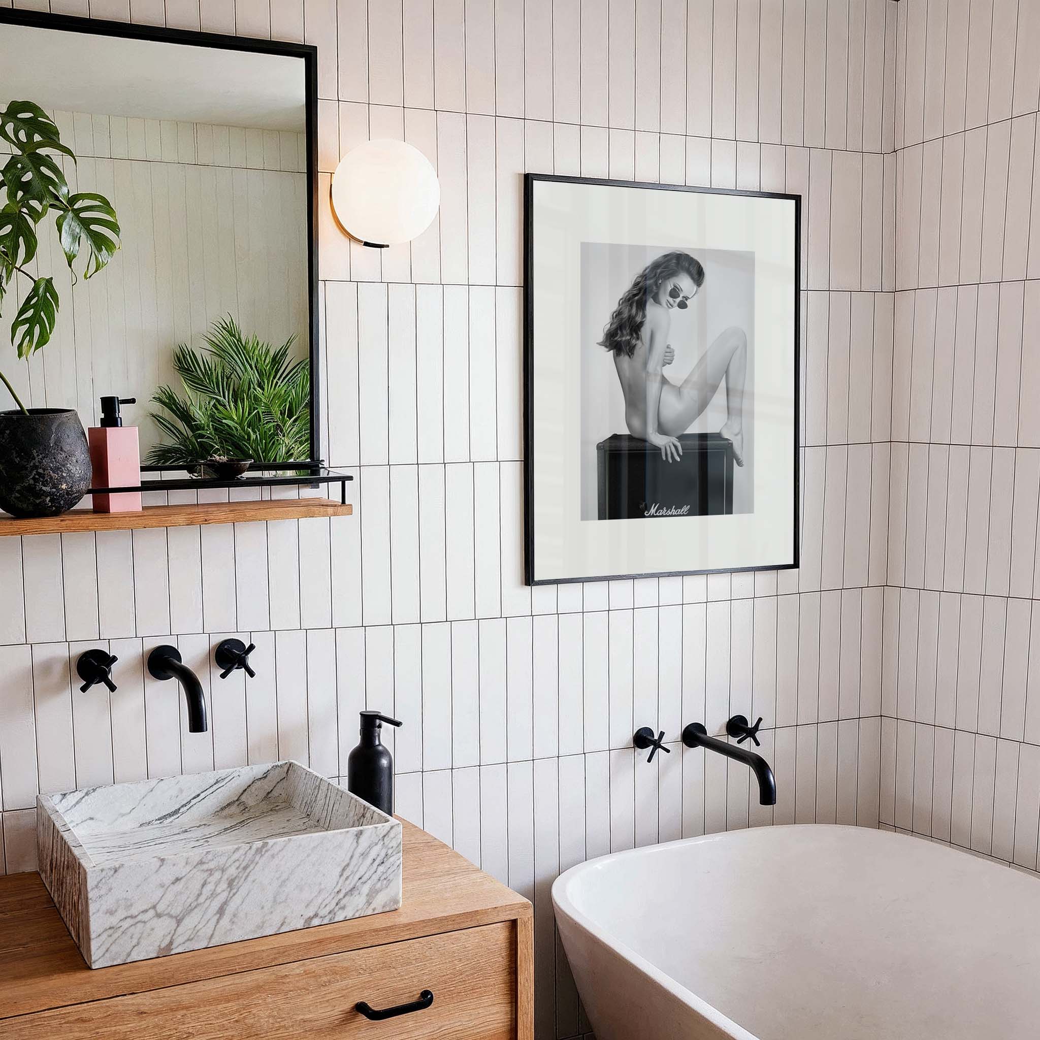 Perched on a Marshall amp with nothing but shades and attitude. This black-and-white artwork turns raw rock’n’roll energy into wall art — cheeky, stylish, and unapologetically bold.
Artist: David Drake