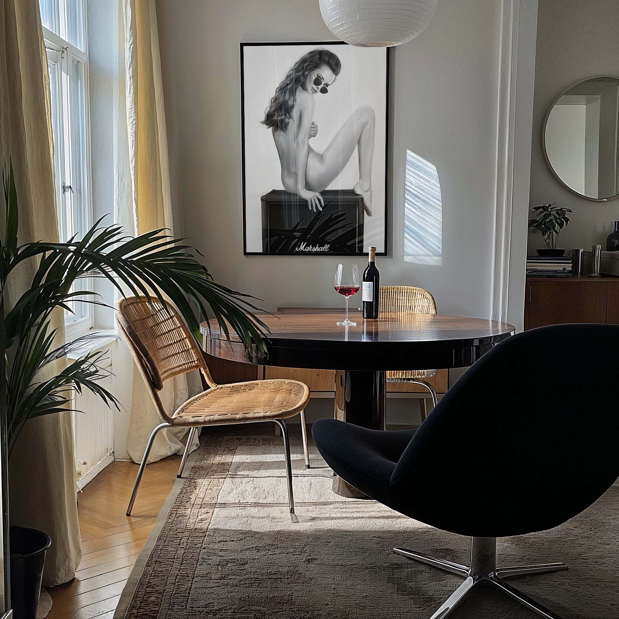 Perched on a Marshall amp with nothing but shades and attitude. This black-and-white artwork turns raw rock’n’roll energy into wall art — cheeky, stylish, and unapologetically bold.
Artist: David Drake