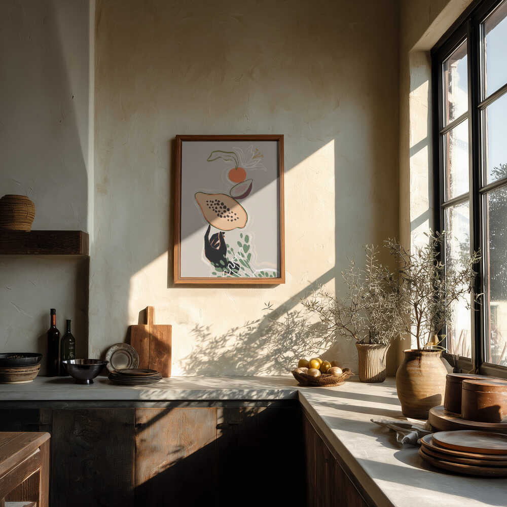 Ripe fruit stack effortlessly atop an outstretched hand, framed by soft green leaves on a beige ground. A modern still life that brings quiet energy to kitchens, dining spaces, or anywhere you want a touch of playful balance. Artist: Arty Guava