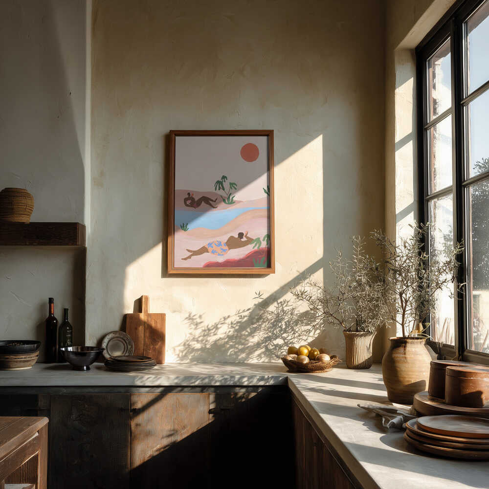A playful coastal scene with figures reclining under the sun, surrounded by rolling dunes, palms, and calm blue waters. The warm pastel palette captures the ease of summer days, making it ideal for bright, relaxed interiors or holiday homes.
Artist: Arty Guava