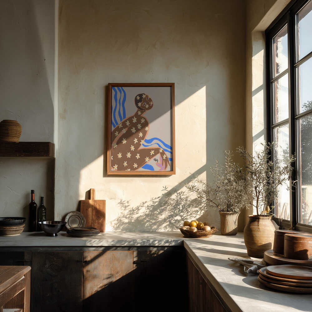 A reclining figure covered in daisy blossoms sits against flowing blue waves. The design blends natural motifs with soft, grounded tones, bringing a sense of harmony and renewal. Ideal for brightening bedrooms, bathrooms, or calming interiors.
Artist: Arty Guava