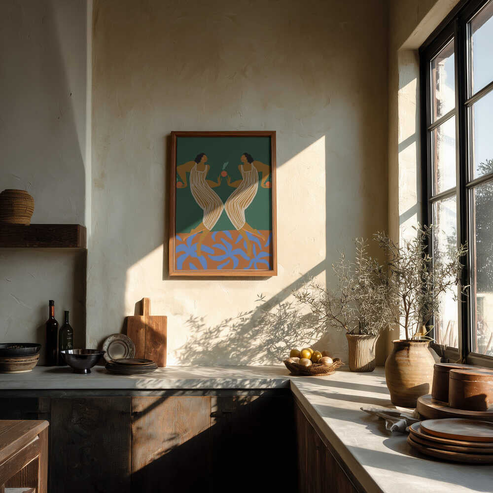 Twin figures stand face-to-face, each holding fruit in mirrored gestures. Rich green and terracotta tones with flowing linework create a bold, almost mythical symmetry. A striking piece that adds depth and storytelling to hallways, dining rooms, or statement walls.
Artist: Arty Guava