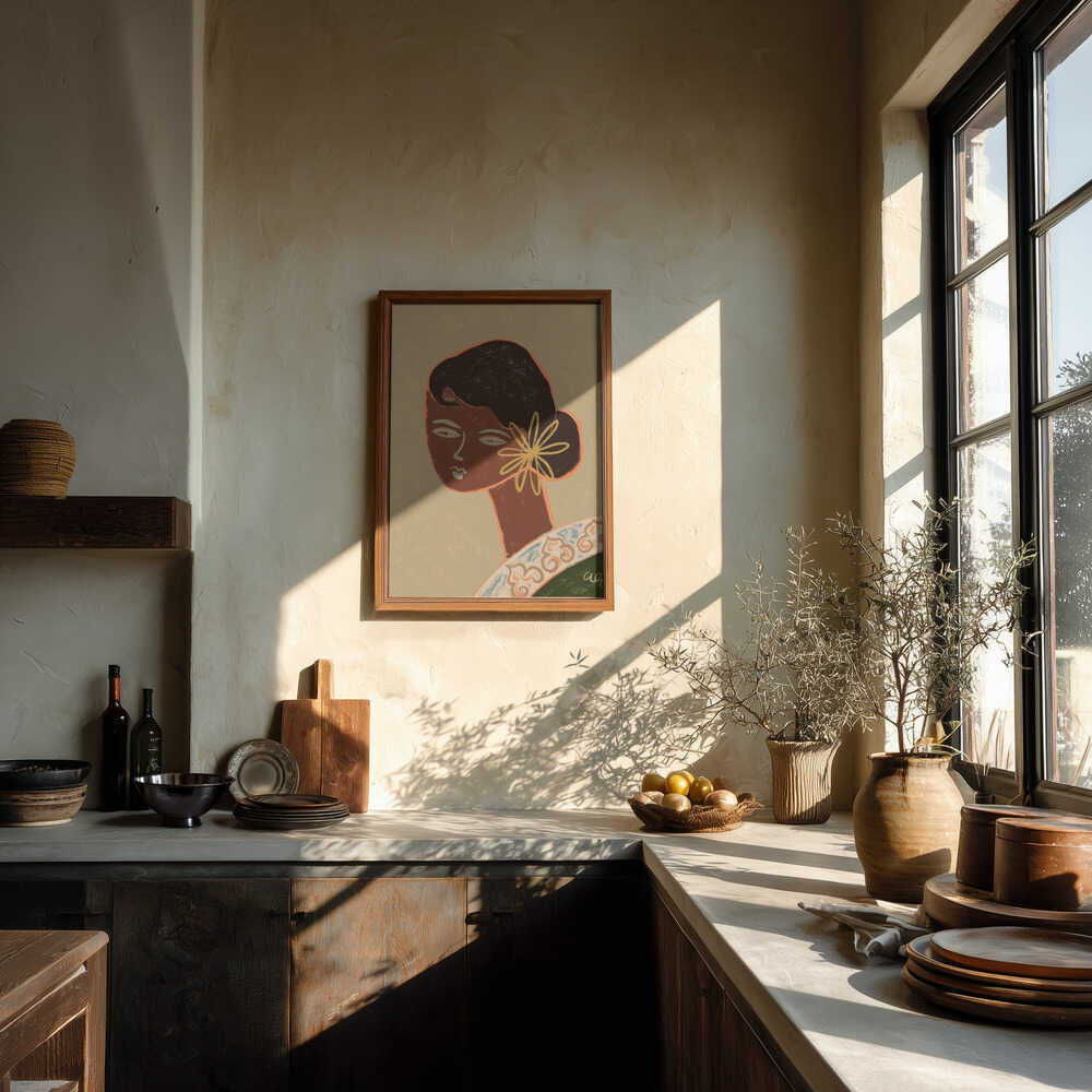 The Green Lady – elegant portrait in warm earth tones, timeless and calm. Large poster, canvas & frames. Local production & fast shipping.