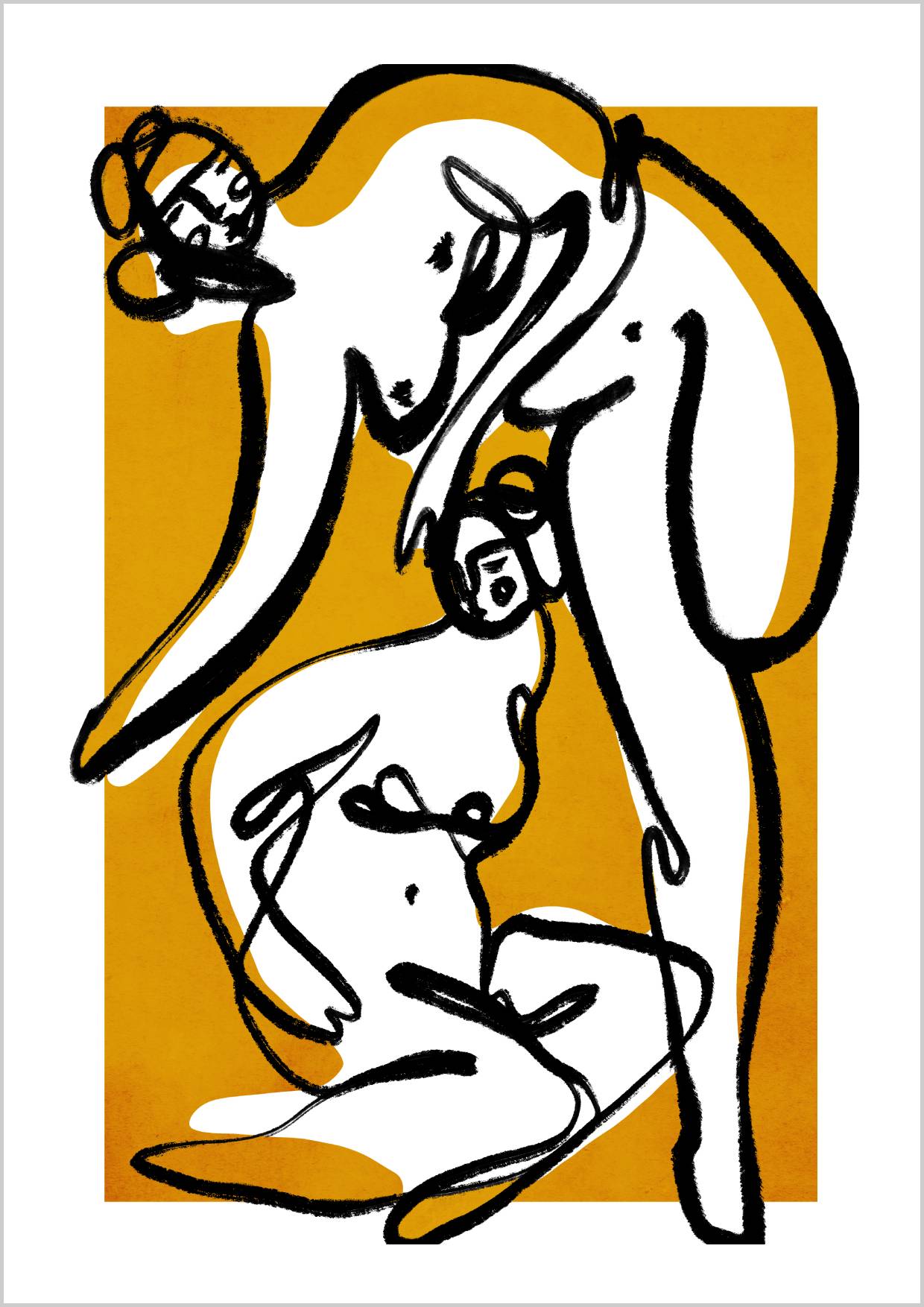 Two abstract figures in warm yellow and orange hues, one standing and the other seated, outlined in bold black lines. – Arteve Gallery