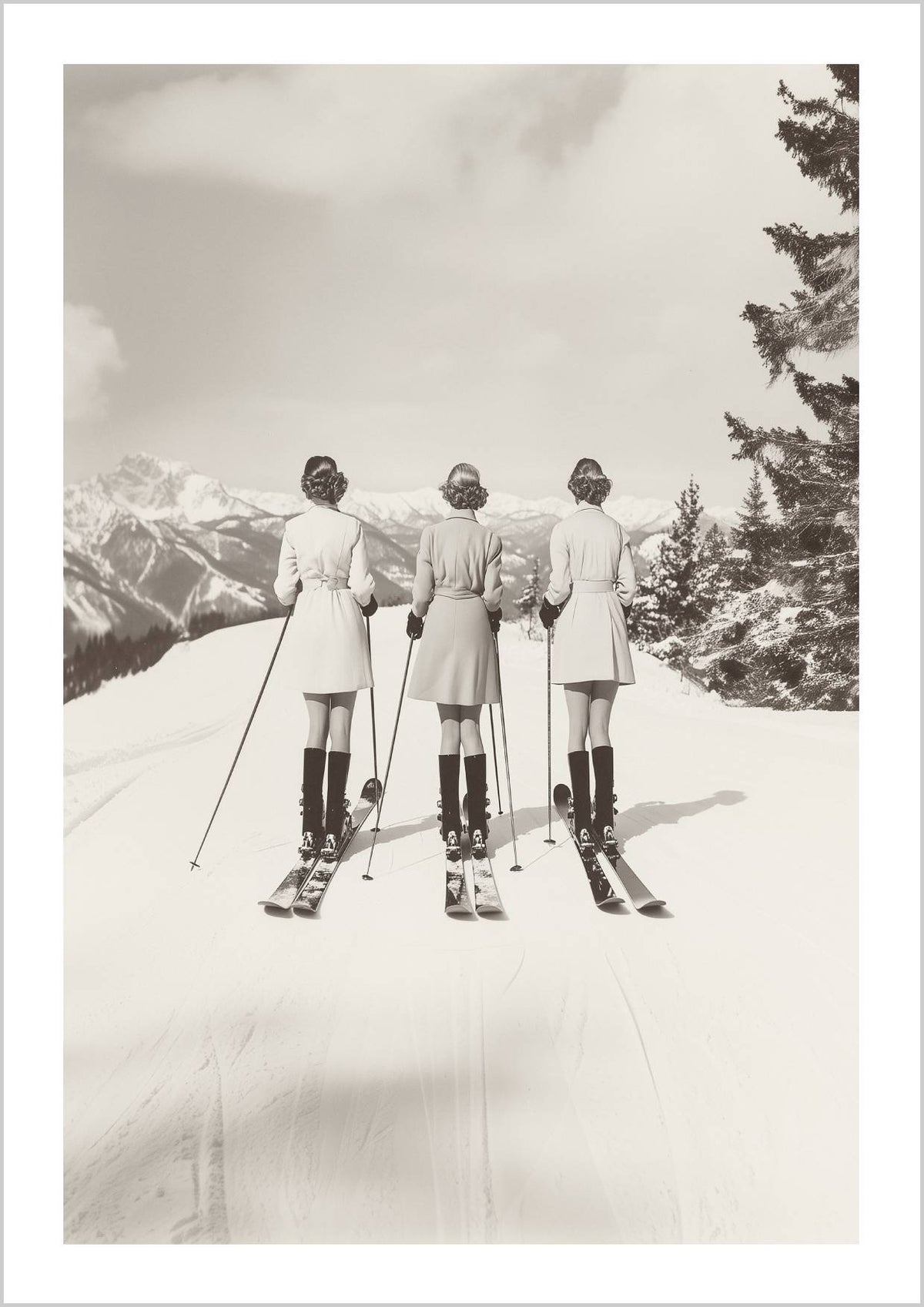 Three women in vintage ski attire stand side by side on a snowy slope with mountains in the background. – Arteve Gallery