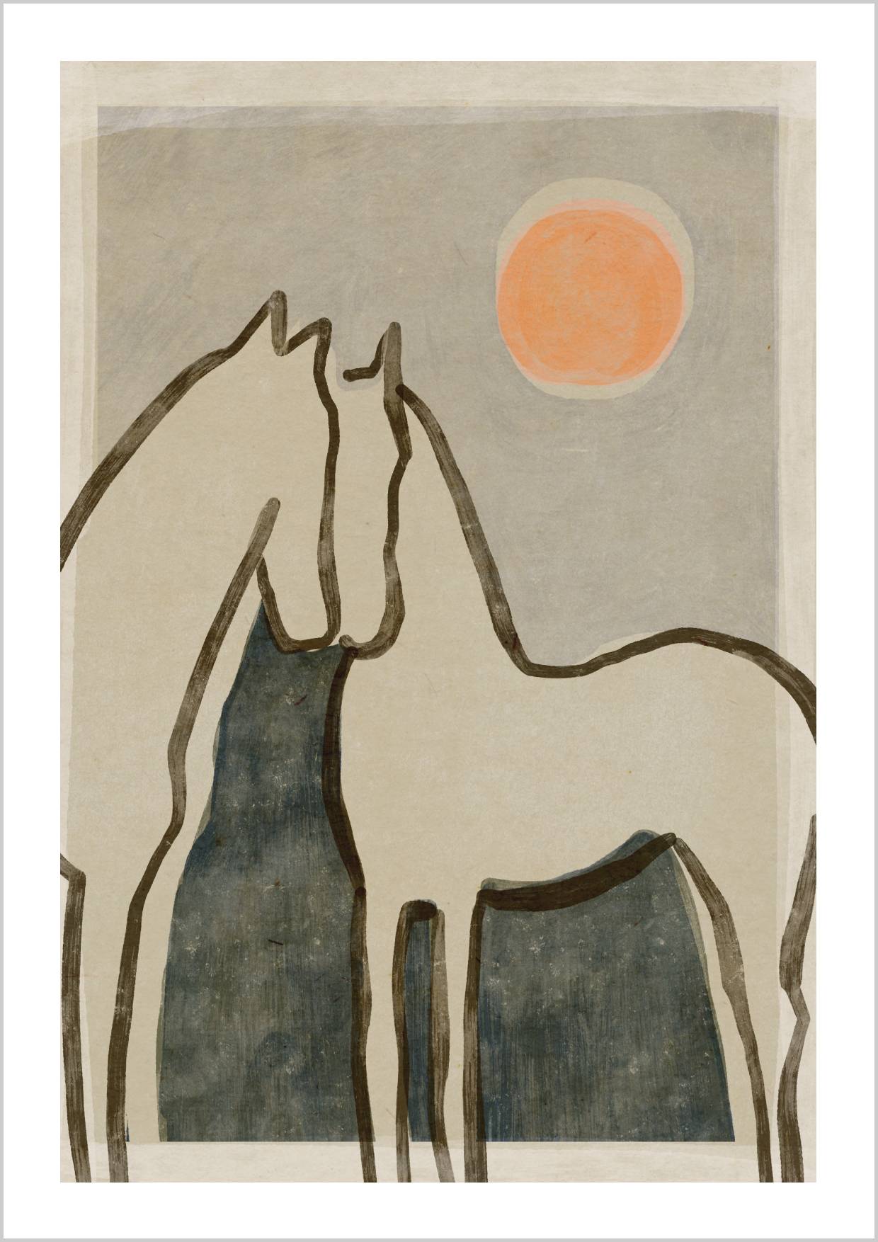 Two horse silhouettes in soft colors with a warm sunset in the background. – Arteve Gallery