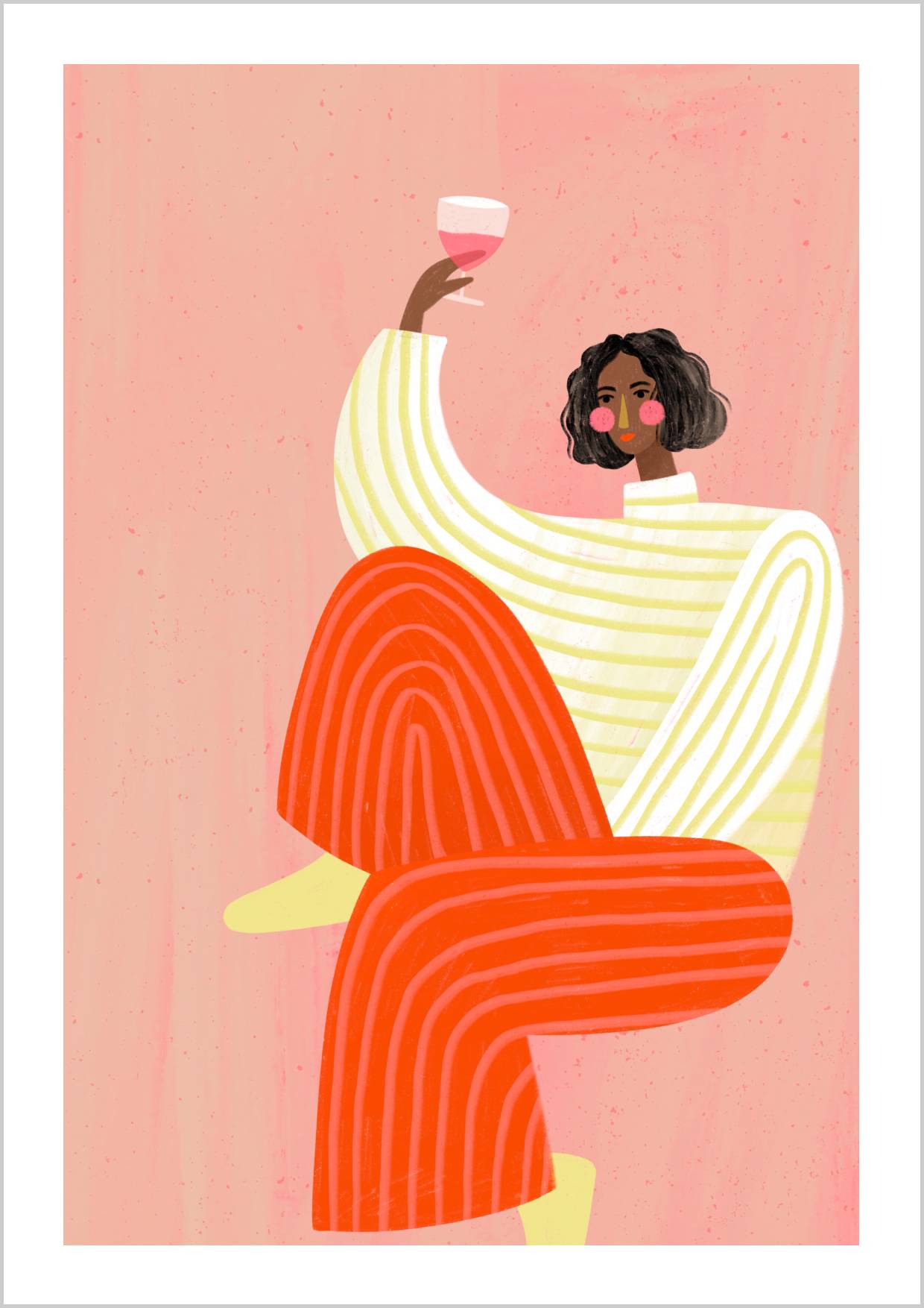 A woman with curly hair raises a glass of wine, wearing a striped white and yellow top and red striped pants against a pink background. – Arteve Gallery