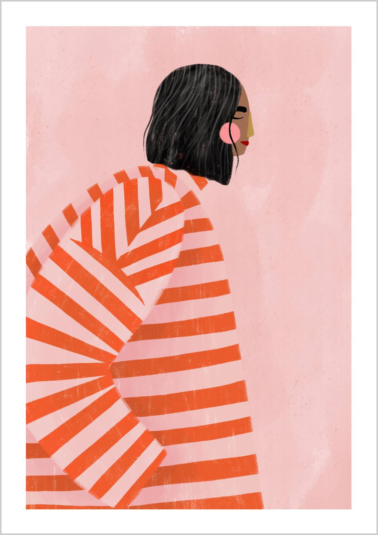 A woman in a striped orange garment against a pink background, her profile softly illustrated. – Arteve Gallery