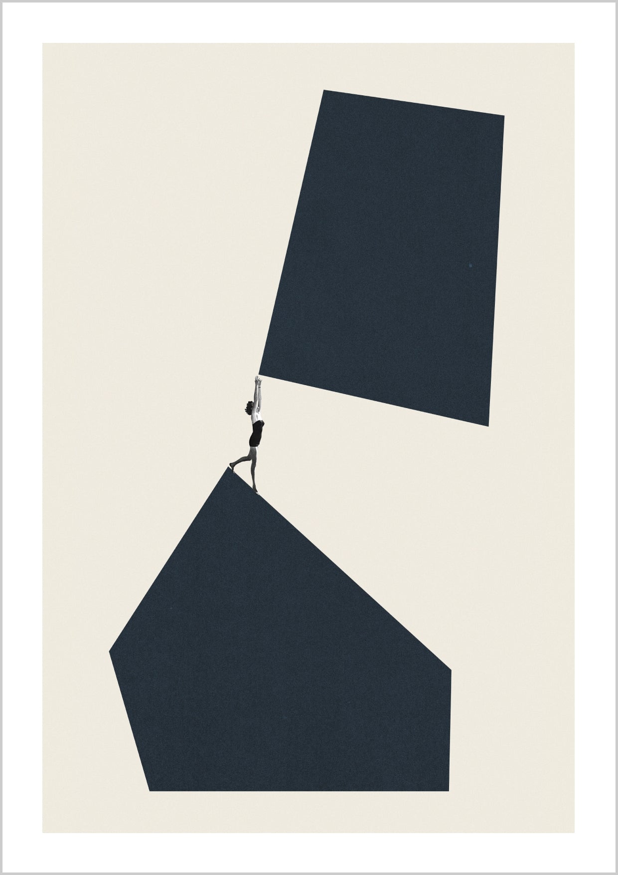 An abstract illustration featuring a figure reaching towards a geometric shape in a beige background. – Arteve Gallery