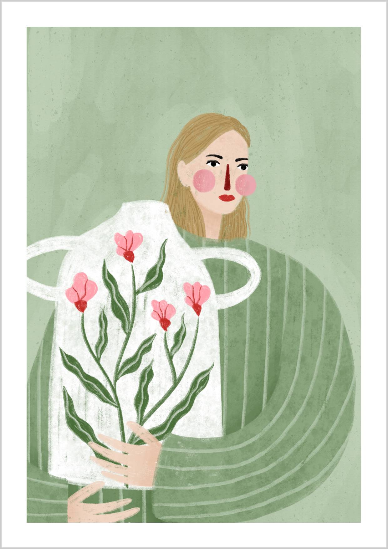 A stylized woman with soft features holds a large vase adorned with pink flowers against a muted green background. – Arteve Gallery