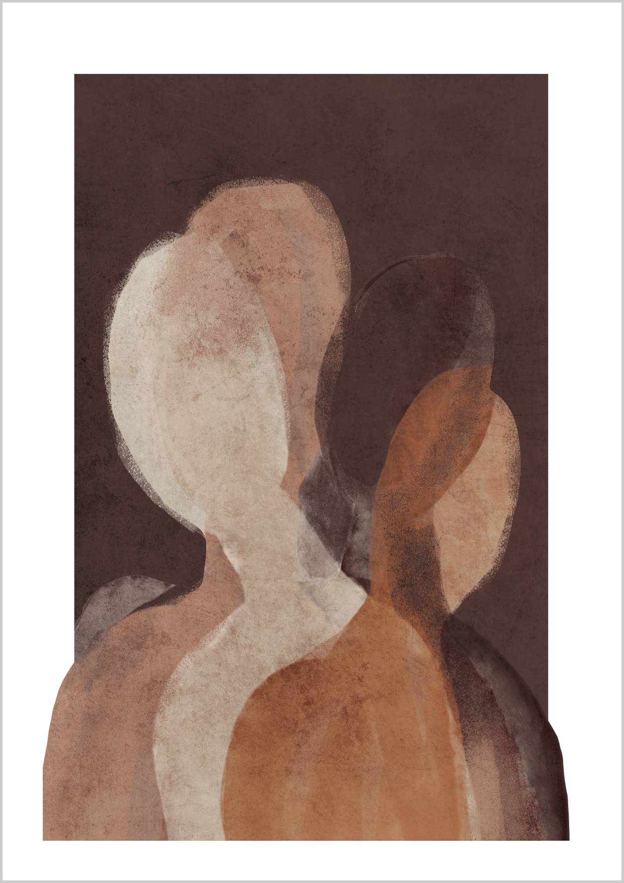 Abstract composition featuring overlapping silhouettes in neutral shades of brown and beige on a dark background. – Arteve Gallery