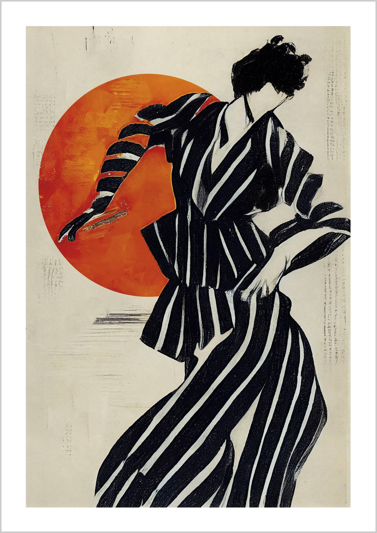 A figure in a striped outfit dances in front of a large orange circle. – Arteve Gallery