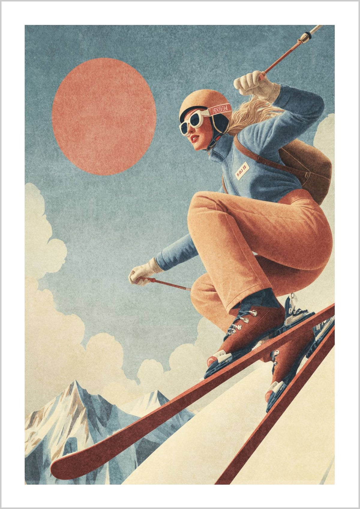A woman skiing down a snowy slope with mountains in the background and a large sun in the sky. – Arteve Gallery