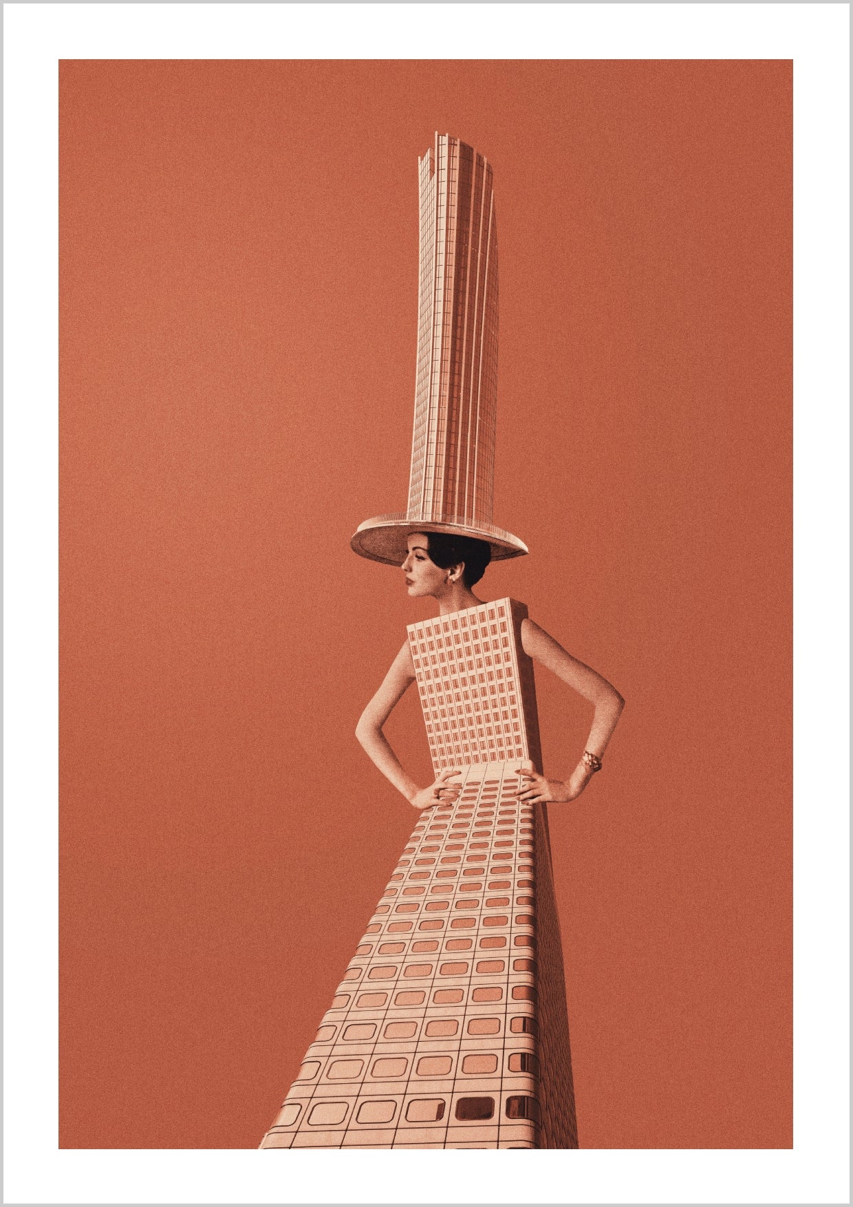 A surreal portrait of a woman with a building-like dress and a tall hat, set against a plain orange background. – Arteve Gallery