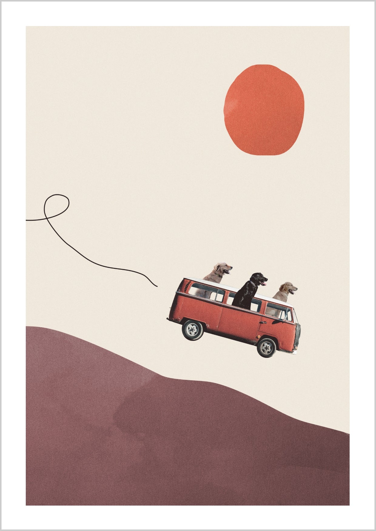 A red bus carrying three dogs drives through a stylized landscape with a large sun in the background. – Arteve Gallery
