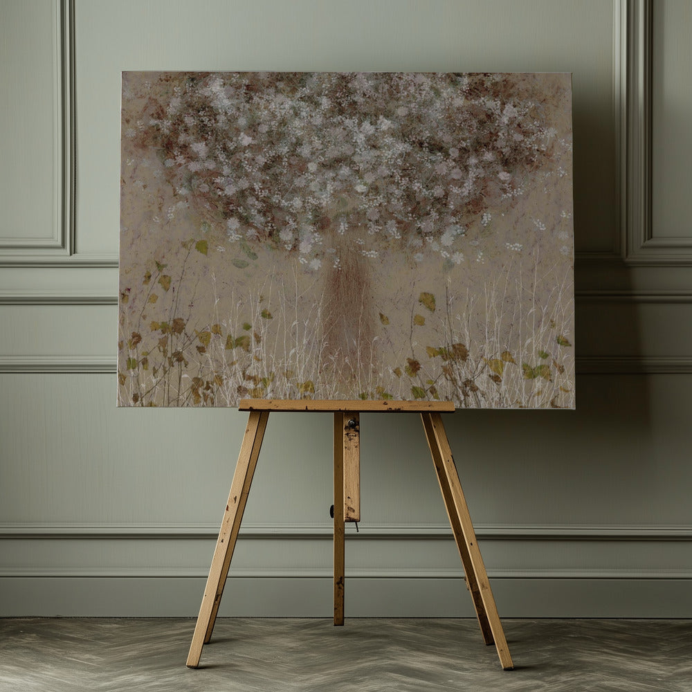 An abstract landscape featuring a flowering tree against a beige background, surrounded by soft grasses and leaves. – Arteve Gallery