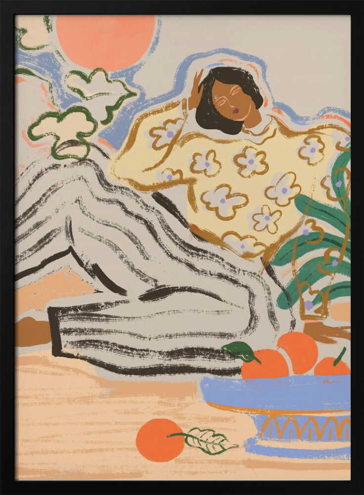 A serene illustration by Arty Guava. A woman in patterned clothing sits among scattered fruit and leafy greens, her posture calm, her surroundings quiet. Gentle colours and soft lines give the piece an easy, timeless feel.