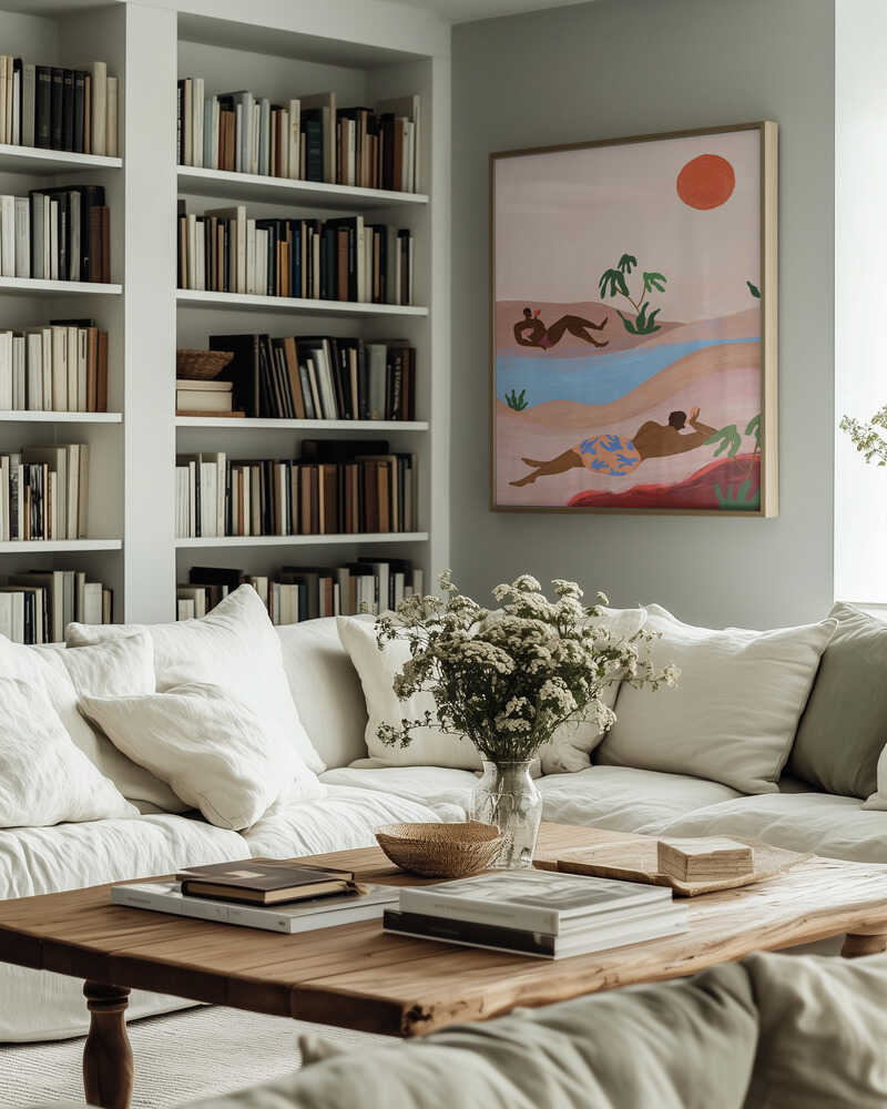 A playful coastal scene with figures reclining under the sun, surrounded by rolling dunes, palms, and calm blue waters. The warm pastel palette captures the ease of summer days, making it ideal for bright, relaxed interiors or holiday homes.
Artist: Arty Guava