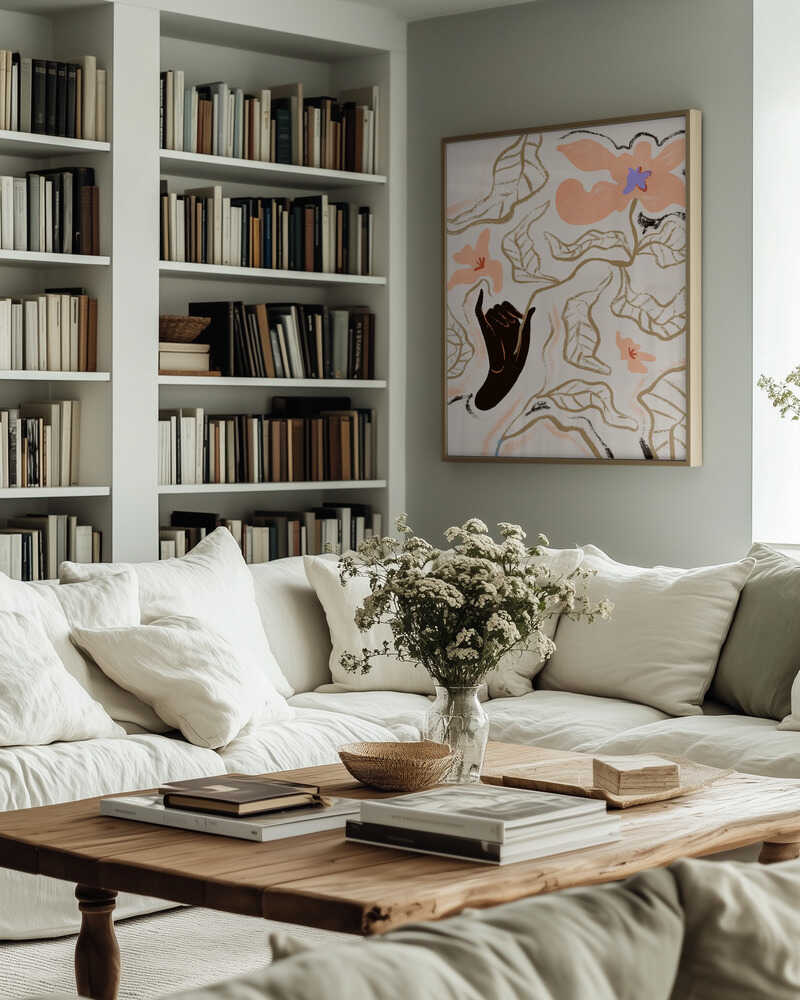 Minimal lines trace flowers and leaves above a dark hand, grounded by muted earth tones on soft beige. Subtle yet bold, this line-driven design works well in serene bedrooms or modern gallery walls. Artist: Arty Guava
