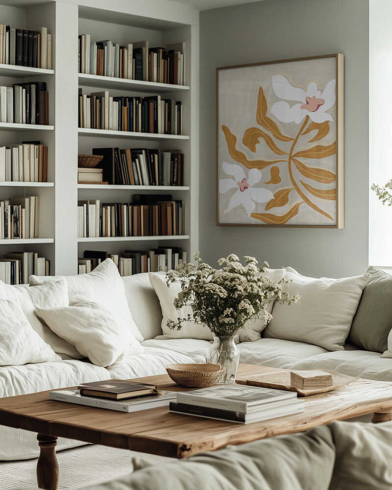 white blooms on beige, light and airy. Large poster, canvas & frames. Local production & fast shipping.