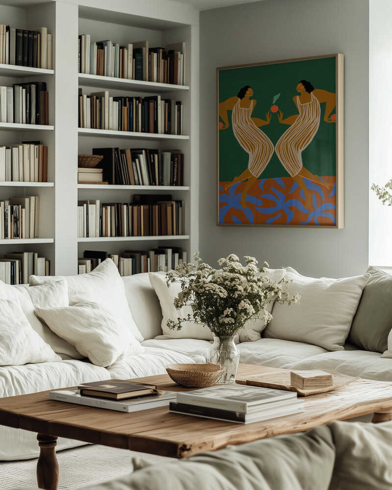 Twin figures stand face-to-face, each holding fruit in mirrored gestures. Rich green and terracotta tones with flowing linework create a bold, almost mythical symmetry. A striking piece that adds depth and storytelling to hallways, dining rooms, or statement walls.
Artist: Arty Guava