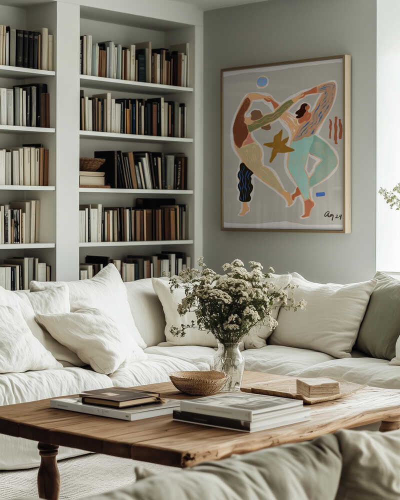 Two intertwined figures move in rhythm, painted with fluid lines and earthy pastels. The composition radiates movement, balance, and connection — a celebration of dance and togetherness. Striking wall art for creative studios, bedrooms, or modern living rooms.
Artist: Arty Guava