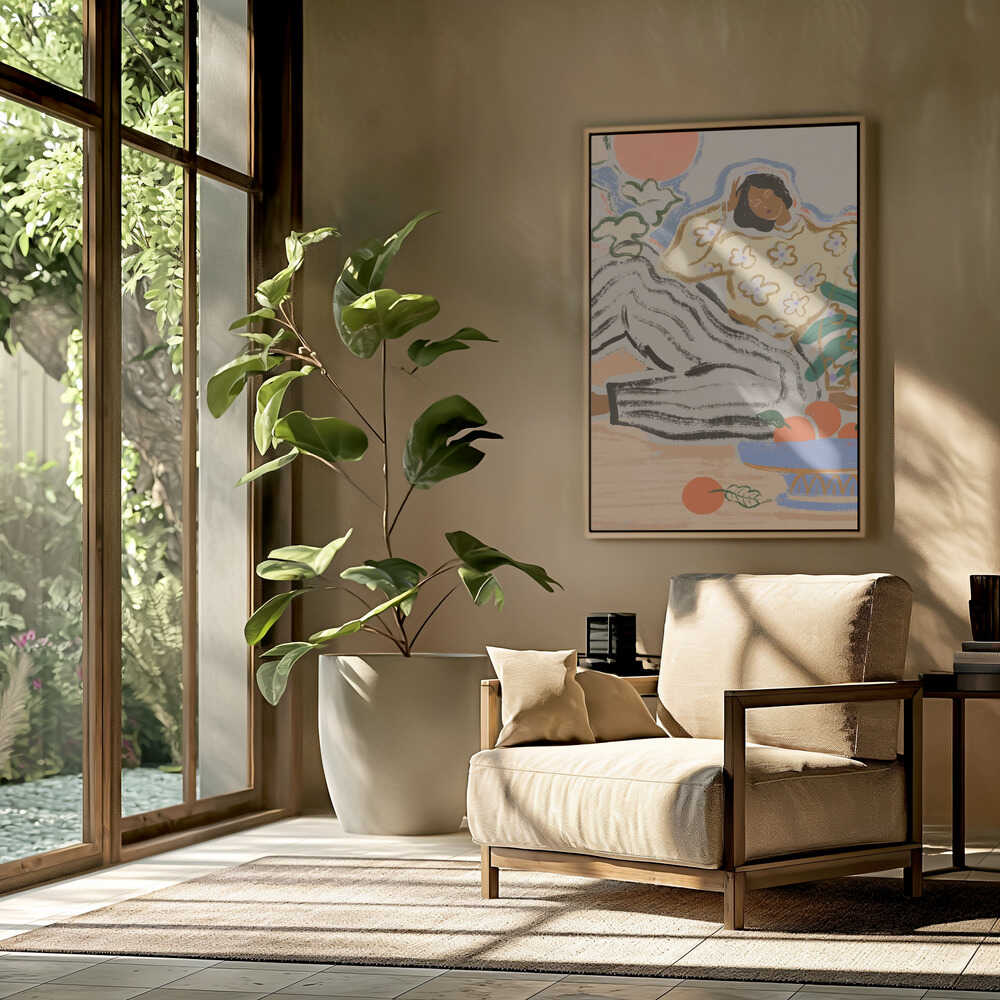 A serene illustration by Arty Guava. A woman in patterned clothing sits among scattered fruit and leafy greens, her posture calm, her surroundings quiet. Gentle colours and soft lines give the piece an easy, timeless feel.
