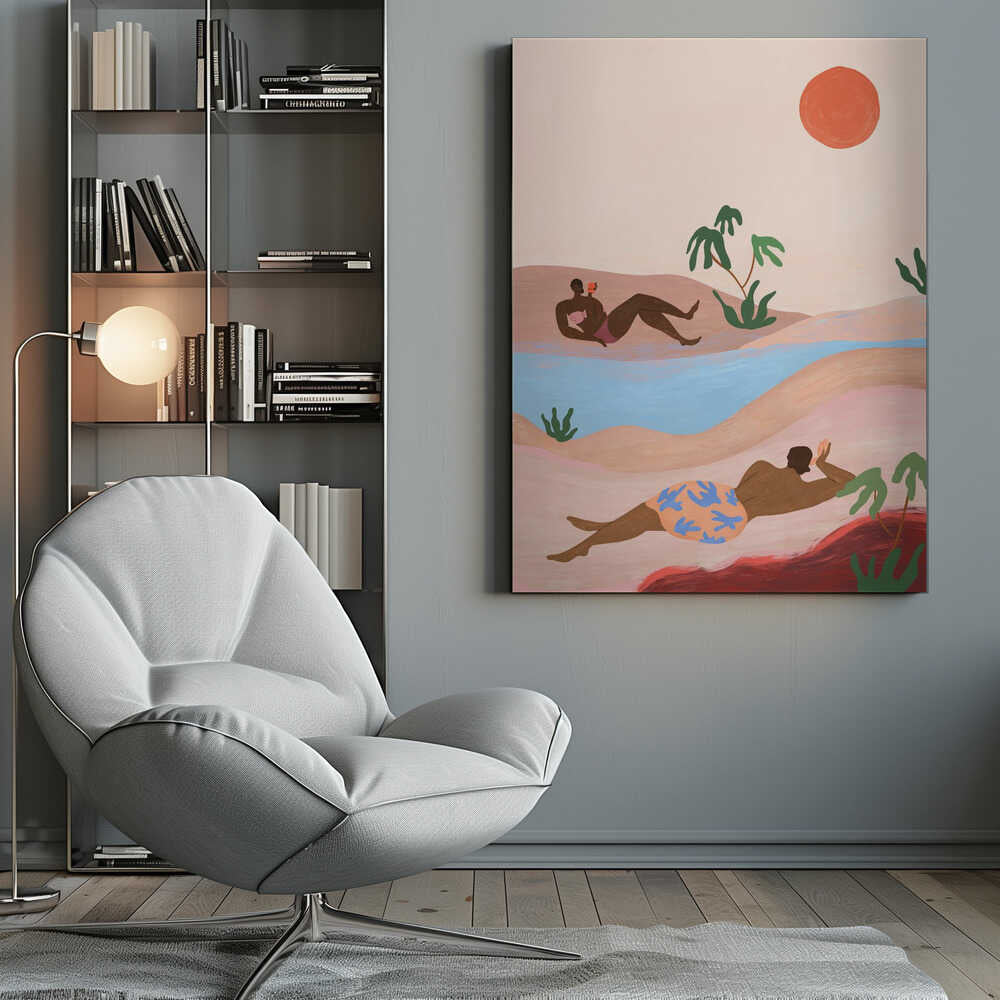 A playful coastal scene with figures reclining under the sun, surrounded by rolling dunes, palms, and calm blue waters. The warm pastel palette captures the ease of summer days, making it ideal for bright, relaxed interiors or holiday homes.
Artist: Arty Guava
