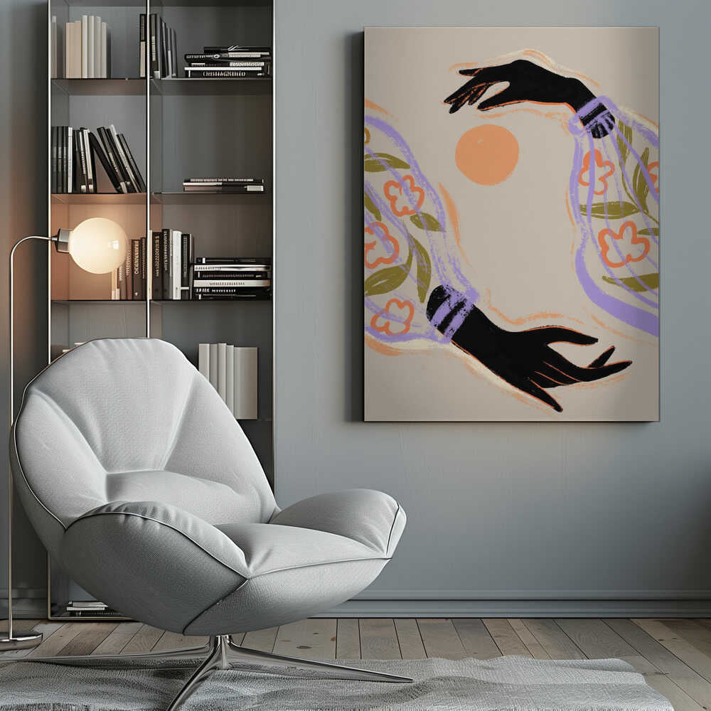Two open hands frame a glowing orange sun, sleeves alive with floral tones of purple, green, and amber. A simple, uplifting composition that feels warm and contemplative, easy to place in living rooms or calm corners. Artist: Arty Guava