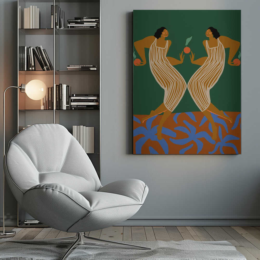 Twin figures stand face-to-face, each holding fruit in mirrored gestures. Rich green and terracotta tones with flowing linework create a bold, almost mythical symmetry. A striking piece that adds depth and storytelling to hallways, dining rooms, or statement walls.
Artist: Arty Guava