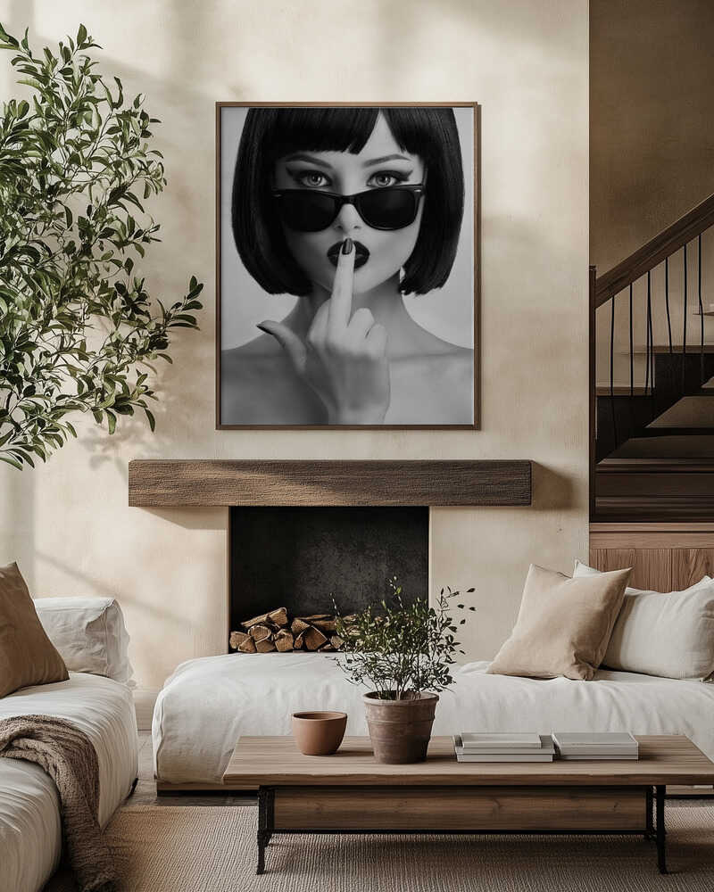 A femme fatale in dark sunglasses, lips parted, flipping the rules with a daring gesture. Black-and-white attitude, bold and unapologetic — this print is made to turn heads.
Artist: David Drake