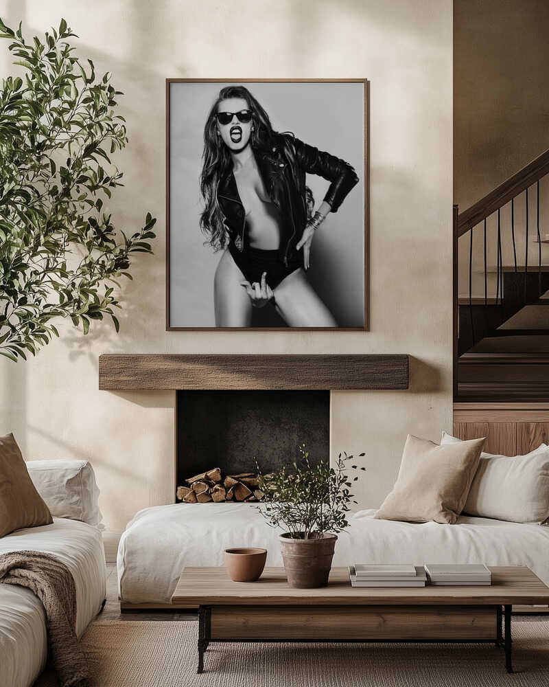 Leather, confidence, and sharp defiance. This rebellious portrait mixes fashion and attitude, perfect for spaces that thrive on raw energy and bold statements.
Artist: David Drake

