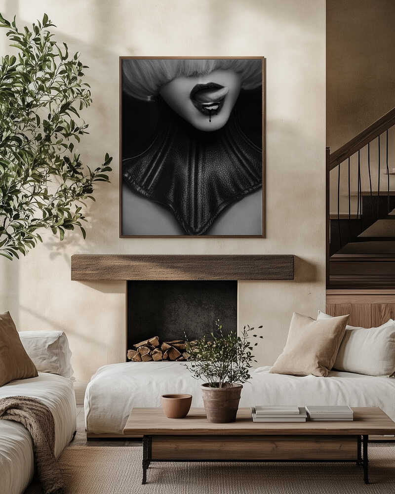 Dark, sensual and a little dangerous. Madame Noire focuses on lips with a piercing, captured in moody black and white. A statement piece for lovers of bold, rebellious art.