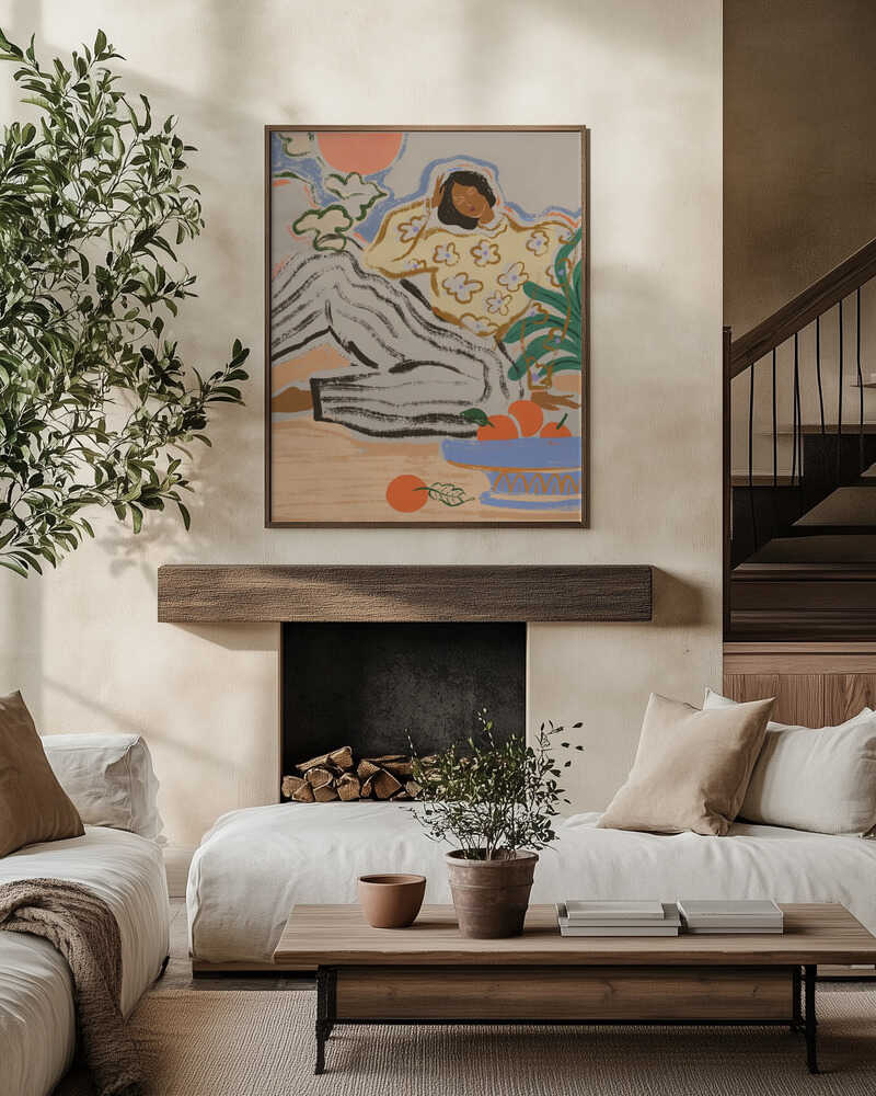 A serene illustration by Arty Guava. A woman in patterned clothing sits among scattered fruit and leafy greens, her posture calm, her surroundings quiet. Gentle colours and soft lines give the piece an easy, timeless feel.