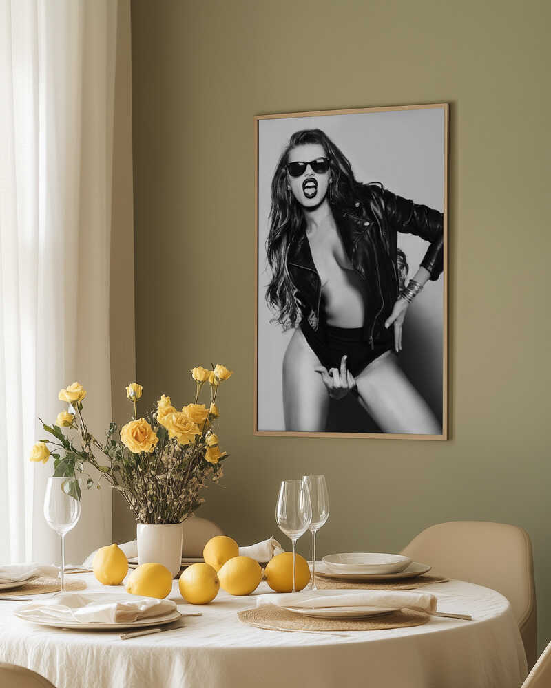 Leather, confidence, and sharp defiance. This rebellious portrait mixes fashion and attitude, perfect for spaces that thrive on raw energy and bold statements.
Artist: David Drake


