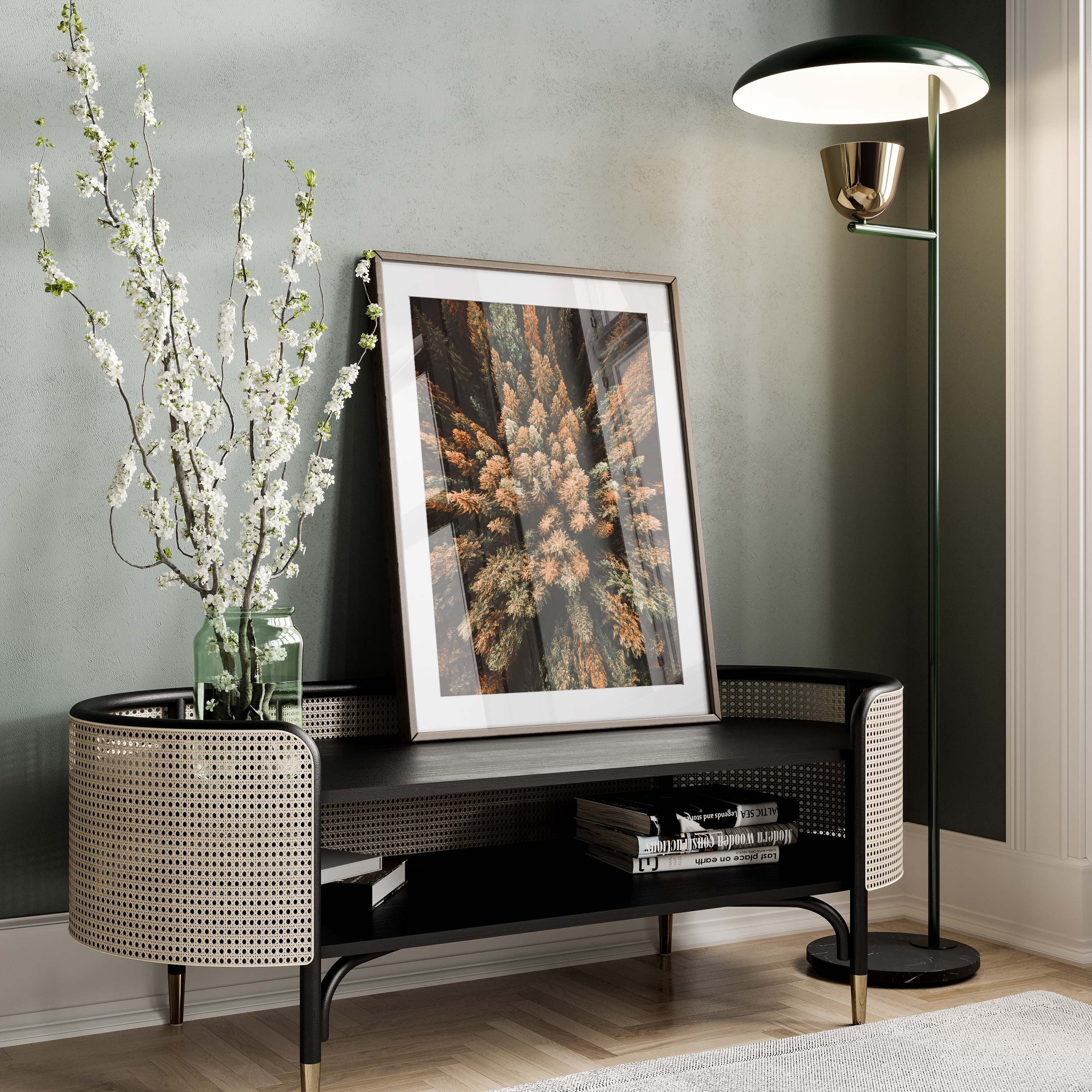 A fascinating nature print of colorful tree tops from above. The photographic print impresses with great fall colors from dark red and gold to dark green, which radiate peace and calmness. Breathe in the fragrant forest air and enjoy fall inside your own four walls!